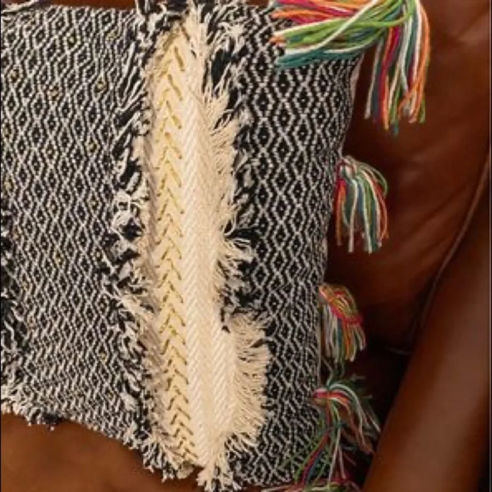 Anthropologie | Tasseled Retrograde Pillow Black Ivory Gold Embroidered